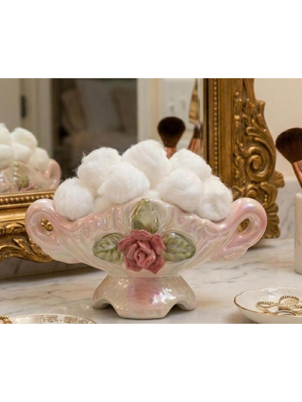 Vintage Pink Lusterware Footed Vanity Dish Rose & Leaf - Bridgerton Regencycore - Picture 15 of 15